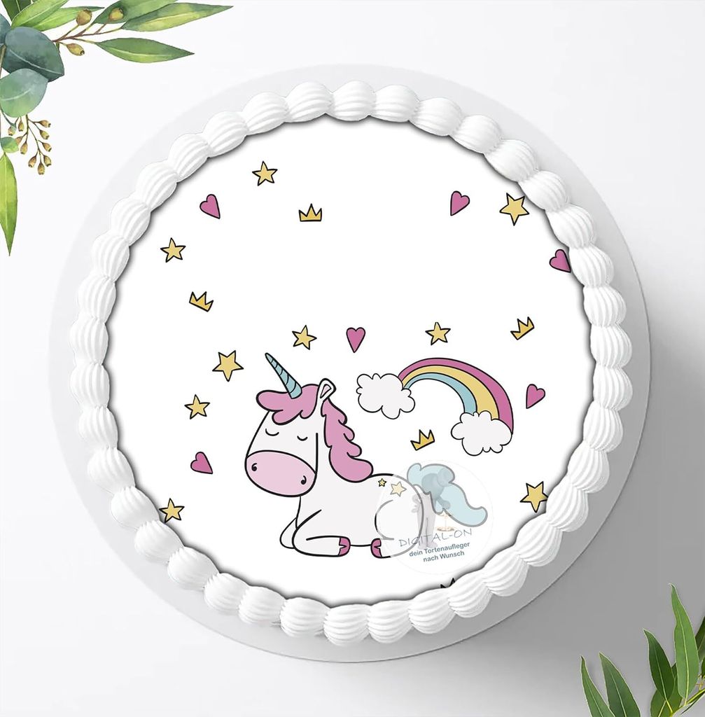 Für die Geburtstags Torte ein Tortenaufleger, Zuckerbild mit dem Motiv: Einhörner, Essbares Foto für Torten, Fondant, Ø 20cm, 0260z