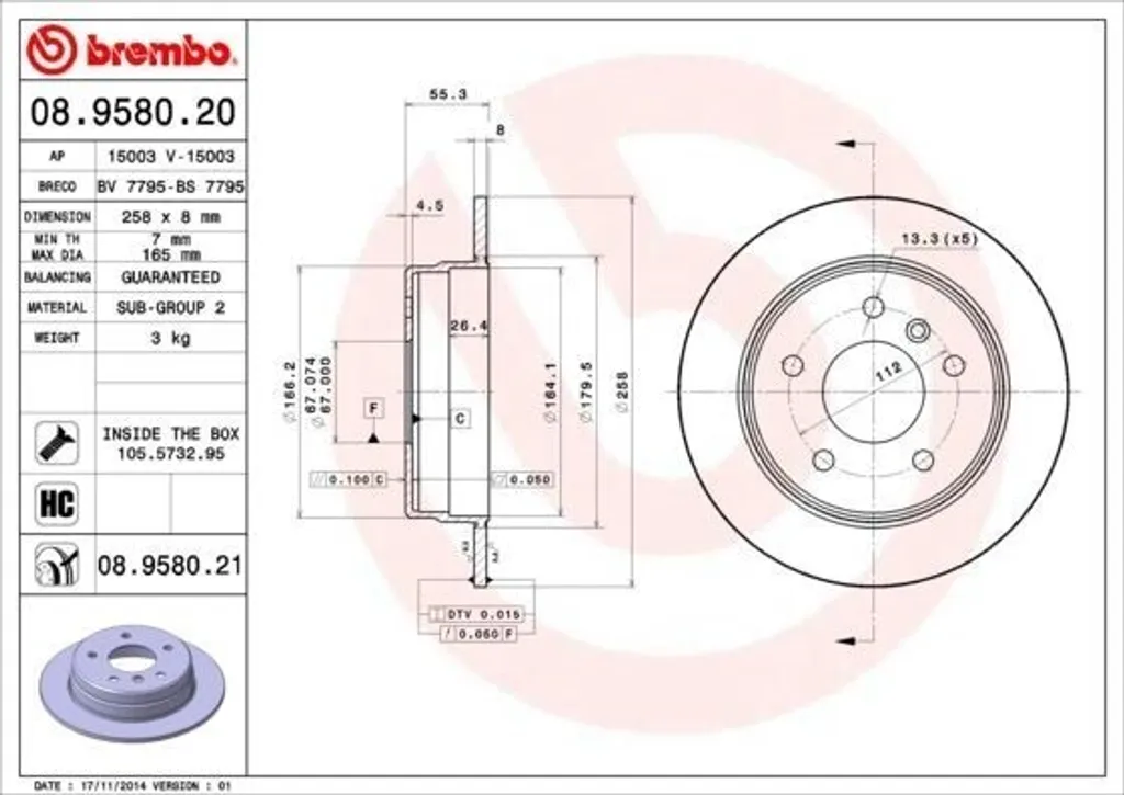 Brembo 08.9580.20 Disque de Frein OE 1684230212 pour Classe A W168