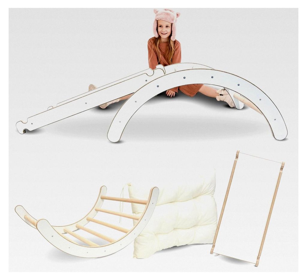 Klettergerüst Indoor 3 in 1 Set. Montessori Kletterbogen mit Kissen, Indoor Spielplatz und Rutsche