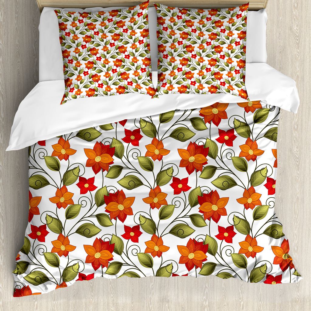 ABAKUHAUS Blumen Bettbezug, Boho Kräuter Lilien Natur, Milbensicher Allergiker geeignet mit Kissenbezügen, 155 cm x 220 cm - 80 x 80 cm, Orange O...