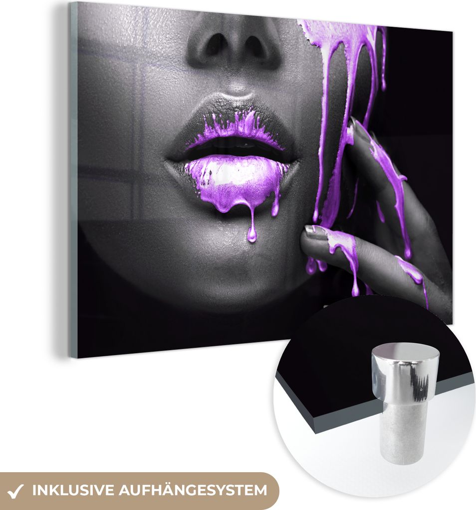 MuchoWow Glasbilder - Bilder auf Wandbild - Foto auf Glas Lippen - Lila - Schwarz 120x80 cm Wanddekoration aus Glas - Acrylglasbild - Acrylbilder -...