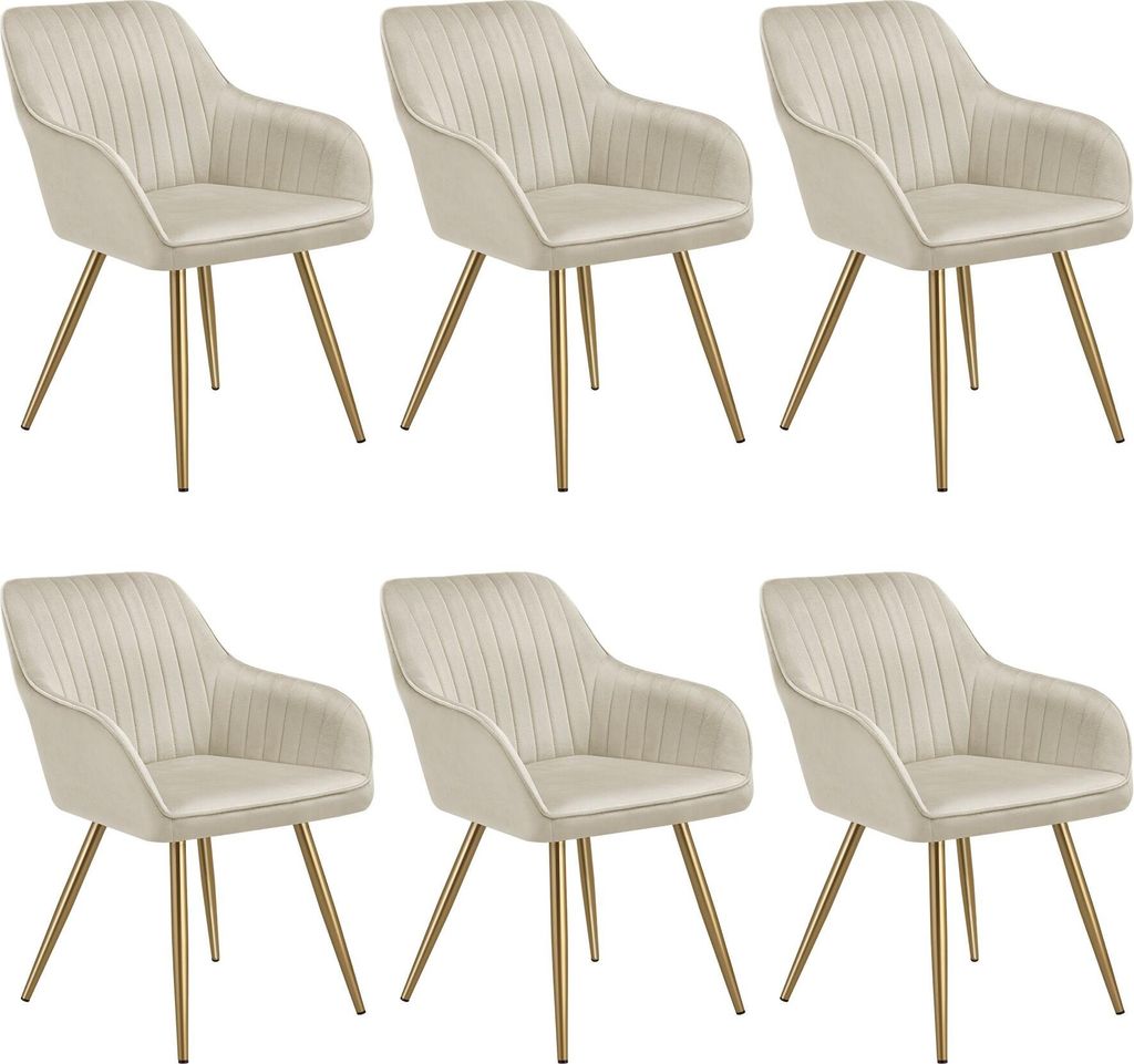 Six beige dining chairs with gold legs are arranged in two rows of three.