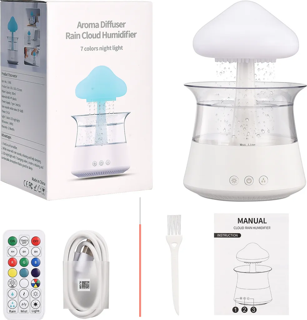 Humidificateur Nuage de Pluie avec Son de Gouttes et Veilleuse LED Relaxante