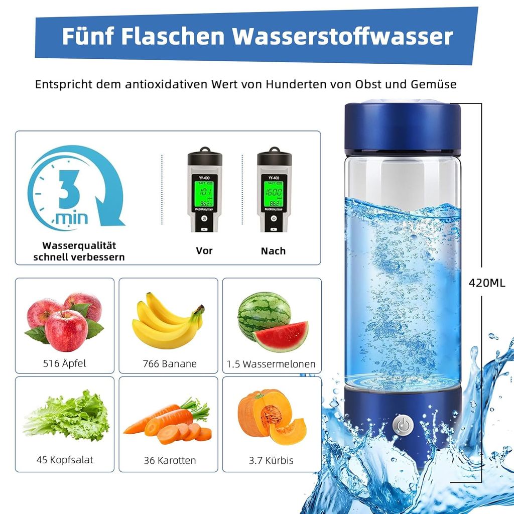 Wasserstoff-Wassergenerator mit PEM-SPE-Technologie, 420ml Produktbild 2