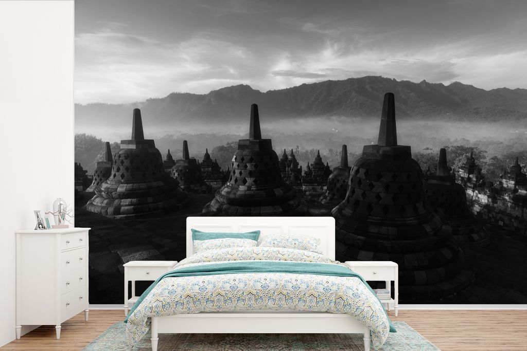MuchoWow Fototapete für Wohnzimmer oder Schlafzimmer Wandtapete Vinyl Motivtapete Indonesien - Nebel - Schwarz - Weiß - 420x280 cm - Zimmer fü...