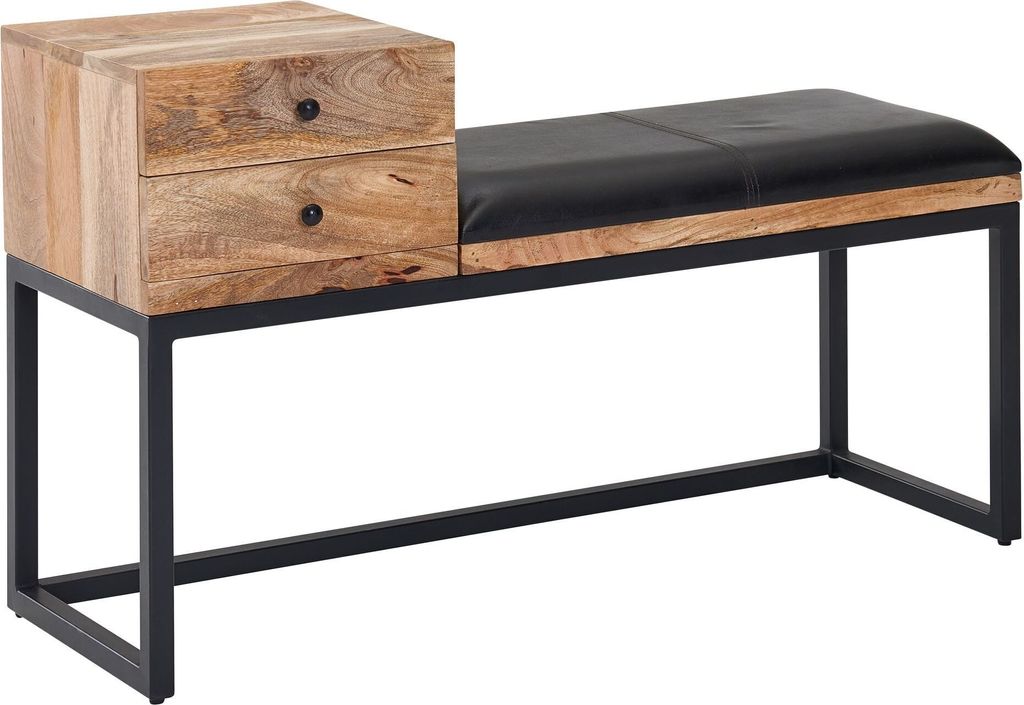 WOHNLING Sitzbank Ziegenleder / Massivholz Bank 100x60x35 cm im Retro Stil Flur Polsterbank Metall mit Stauraum Gepolsterte Lederbank Aufbewahrung