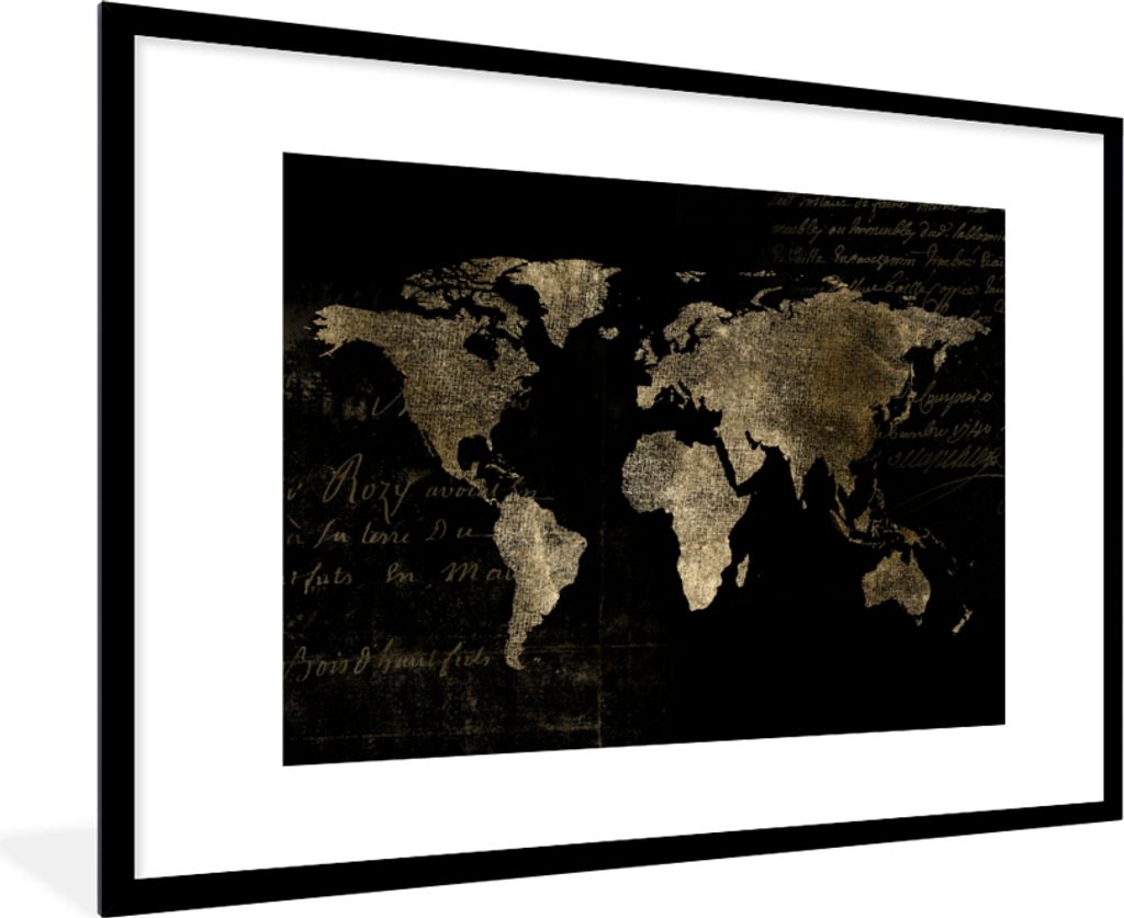 MuchoWow MuchoWow Gerahmtes Poster Weltkarte - Gold - Vintage 90x60 cm - Poster mit zchwarzem Bilderrahmen - Wanddekoration - Fotos