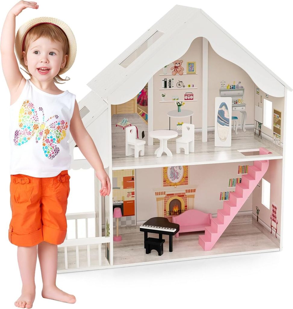 GOPLUS Puppenhaus 2-stöckig Puppenstube 81x30x86cm mit 5 Räumen & Möbelset, Oberlichtern, Dollhouse Traumhaus für Kinder ab 3 Jahren