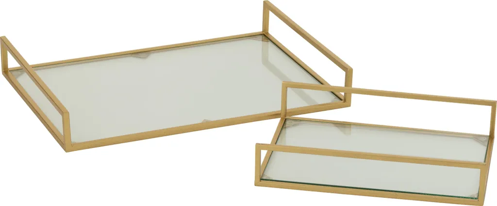 Plateaux de Service Décoratifs Dorés J-Line en Métal et Verre - 2 Pièces