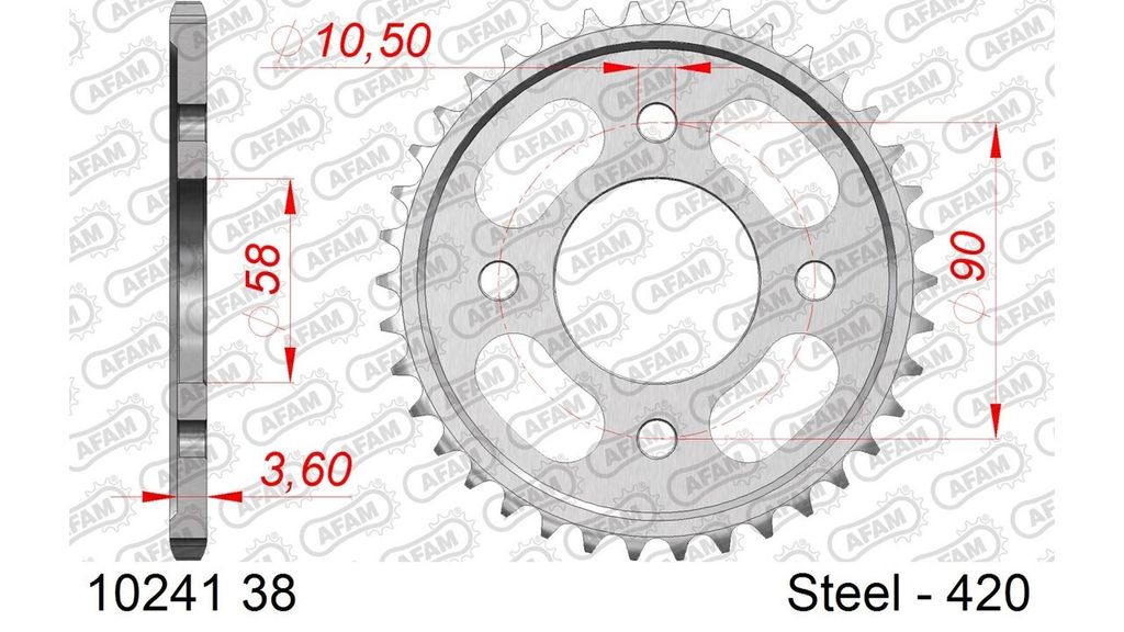 Stahl-Kettenrad AFAM 420 - 37Z (Silber) 10241-37 ID 58 LK 90 4-Loch