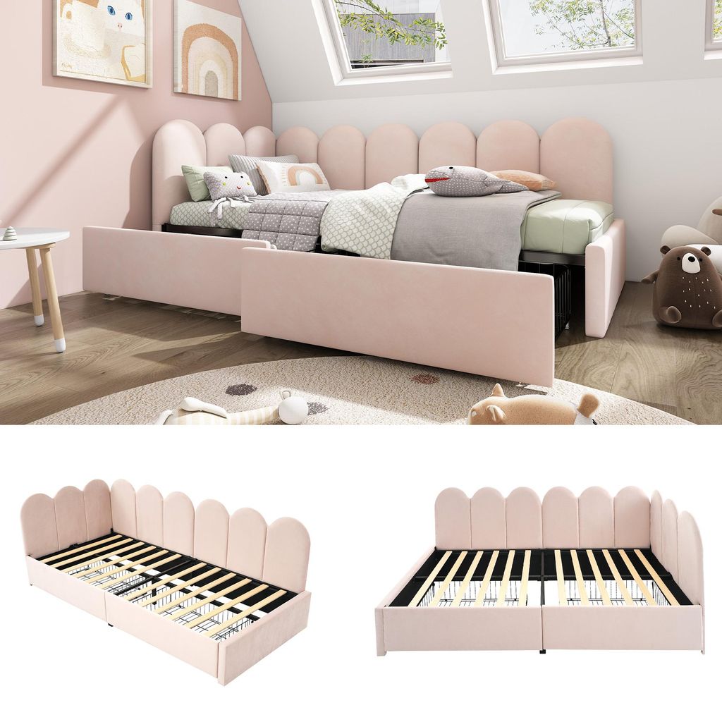 Polsterbett 90x200 cm Samt Rosa Tagesbett mit Schubladen Stauraum Jugendbett Kinderbett Schlafsofa Ohne Matratze Versand in 2 Paketen