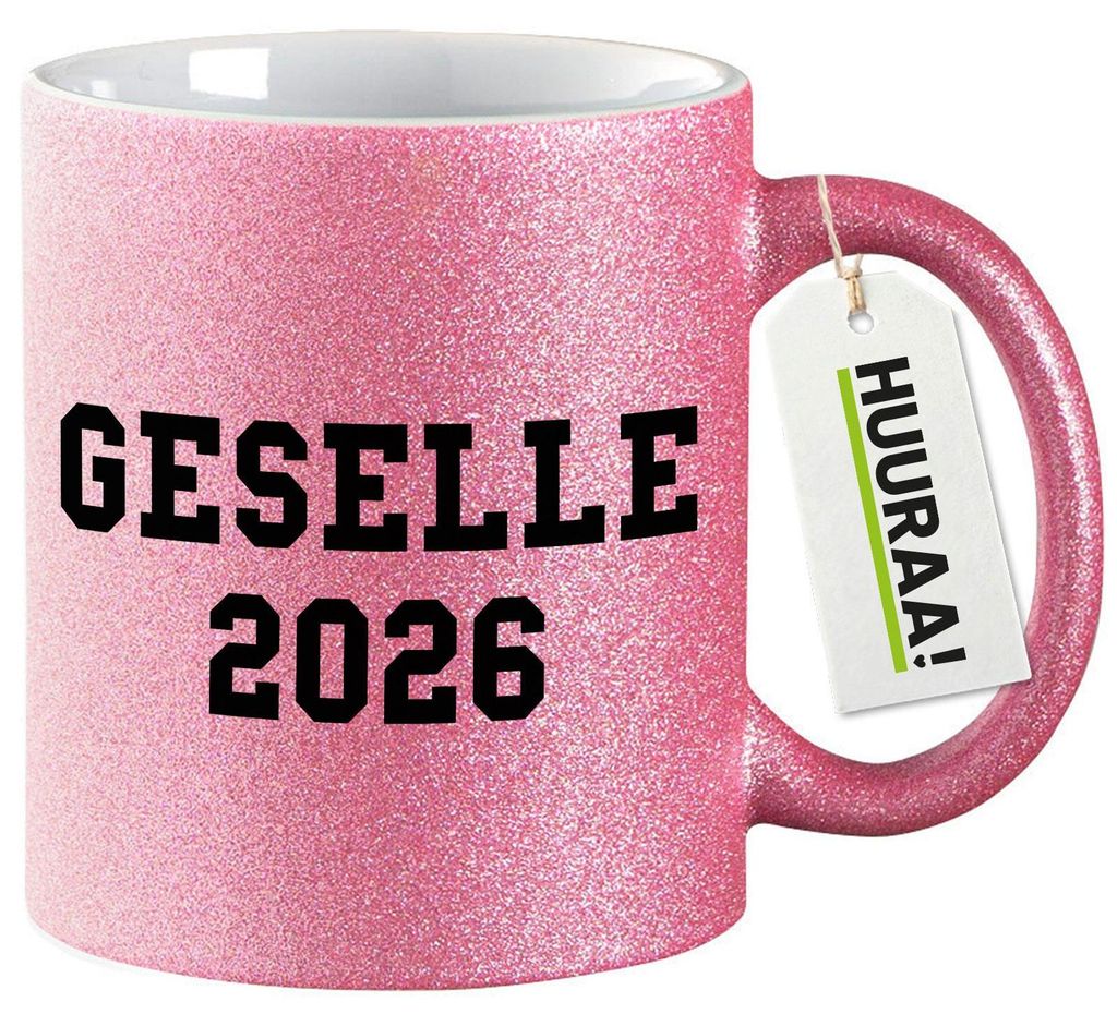 Huuraa Glitzertasse Geselle 2026 Ausbildung 330ml Pink Keramik Kaffeebecher Geschenkidee