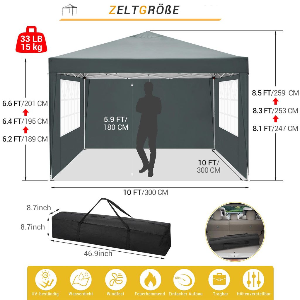Faltpavillon 3x3 Wasserdicht UV 50+