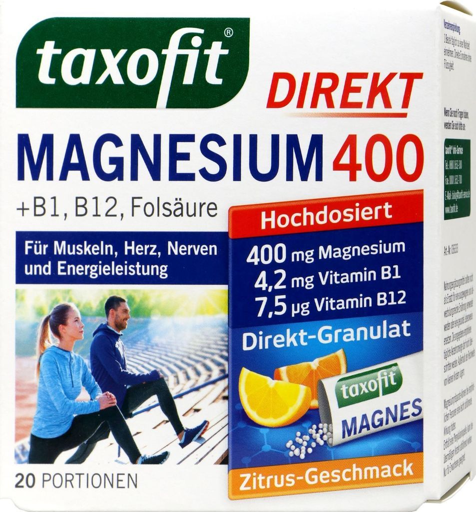 A box of Taxofit Magnesium 400 dietary supplement with B vitamins and folic acid, featuring an image of a couple exercising.