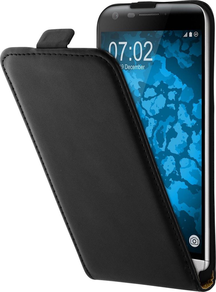 PhoneNatic Kunst-Lederhülle kompatibel mit LG K4 2017 - Flip-Case schwarz + 2 Schutzfolien