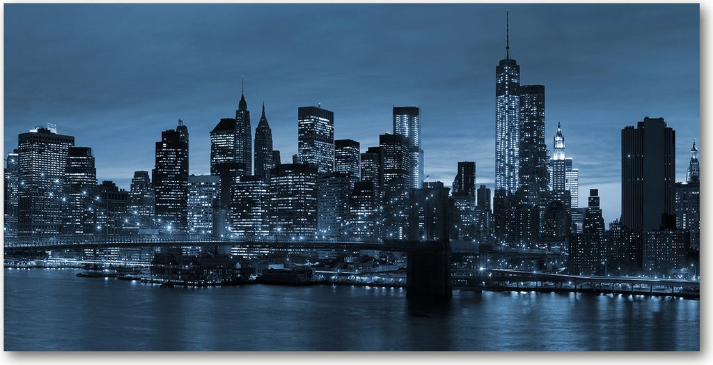 Tulup Glas-Bild -140x70- Wandkunst Dekorative Wand für Küche & Wohnzimmer - Sehenswürdigkeiten & Architektur - New York bei Nacht - Blau