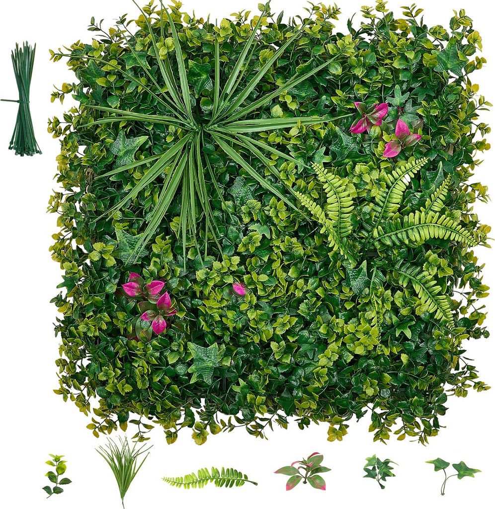 SucceBuy Künstliche Hecke 50x50 cm 16-tlg. Set, Pflanzwand, PE-Sichtschutz, Zaunblende, Windschutz, Dekor-Hecke, Kunstpflanzen für Balkon, Hochze...