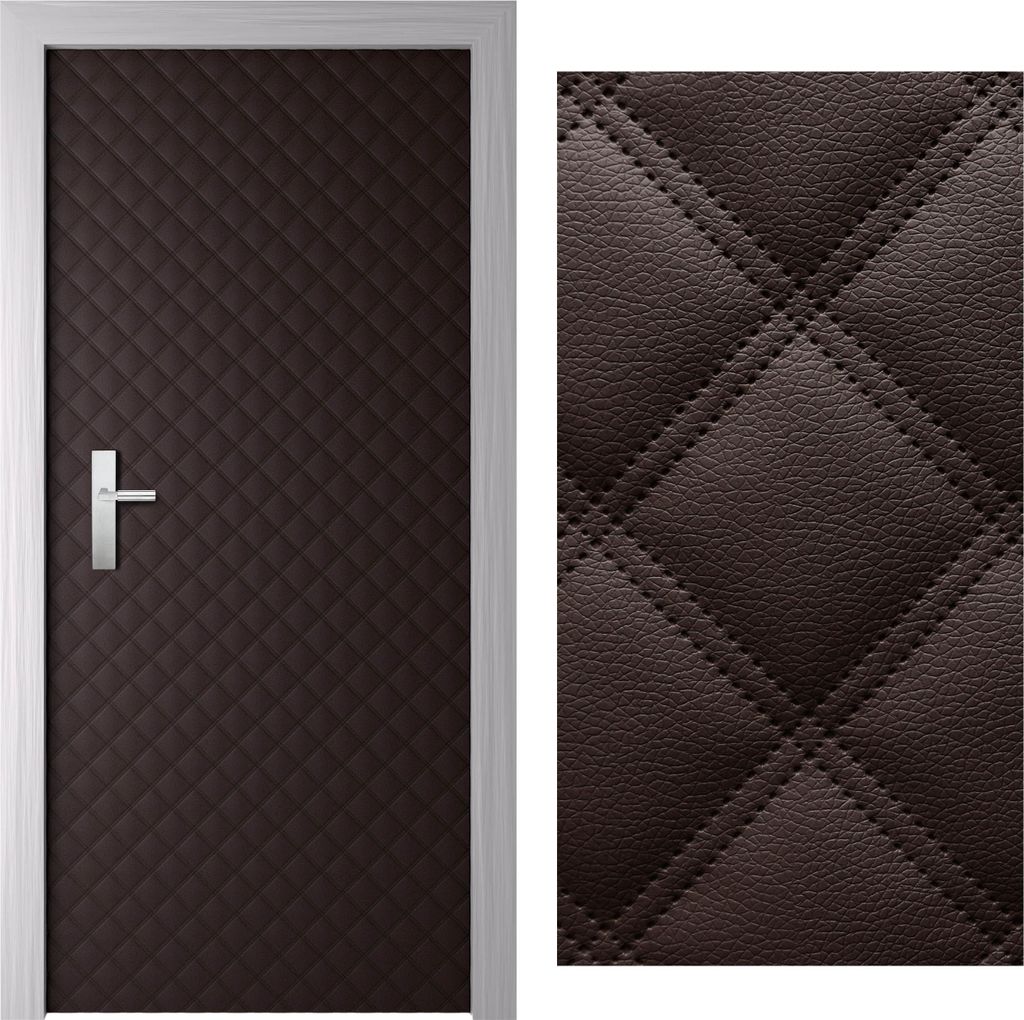 A door with a quilted brown upholstery and a close-up of the upholstery texture.