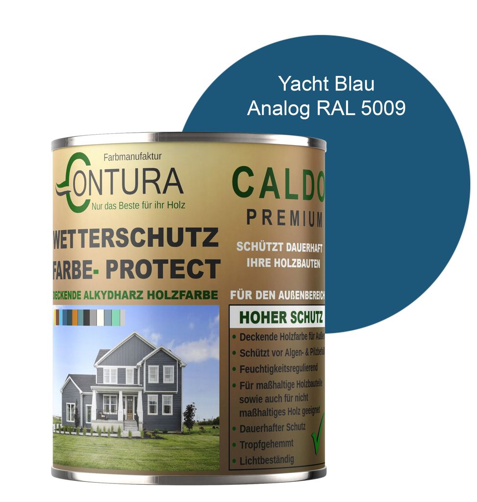 Contura 500ml Wetterschutzfarbe Holz Dauerschutzfarbe Deckend Buntlack Holzfarbe Holzlasur Seidenmatt - Yacht Blau - RAL 5009 Analog