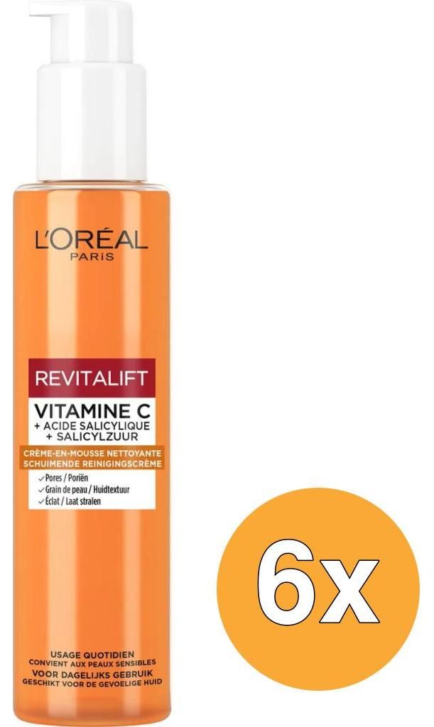 6x L'Oréal Paris Revitalift Reinigungscreme, schäumend, Vitamin C, aufhellend (150 ml)