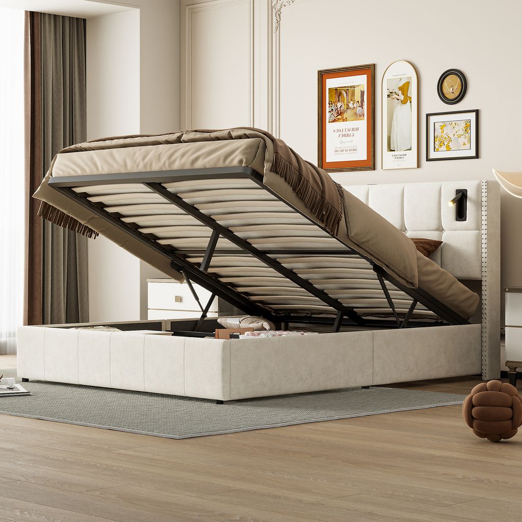 140x200 cm Stauraumbett mit Lattenrost, Polsterbett mit USB- und Typ-C-Anschluss, LED, Samt, Beige