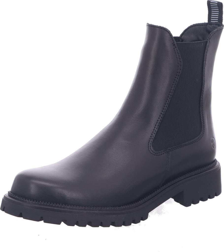 A black leather Chelsea boot is shown against a white background.