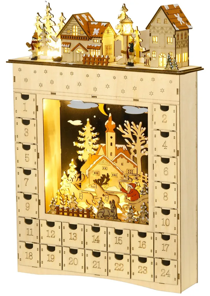 Décoration de Noël Village Lumineux Calendrier de l'Avent LED en Bois