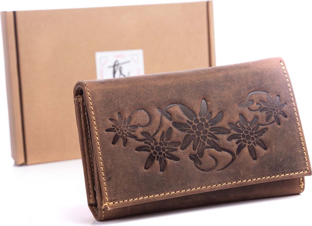 J Jones Damen Geldbörse Echtes Leder groß Portemonnaie Vintage-Stil mit blumenmotiv Braun