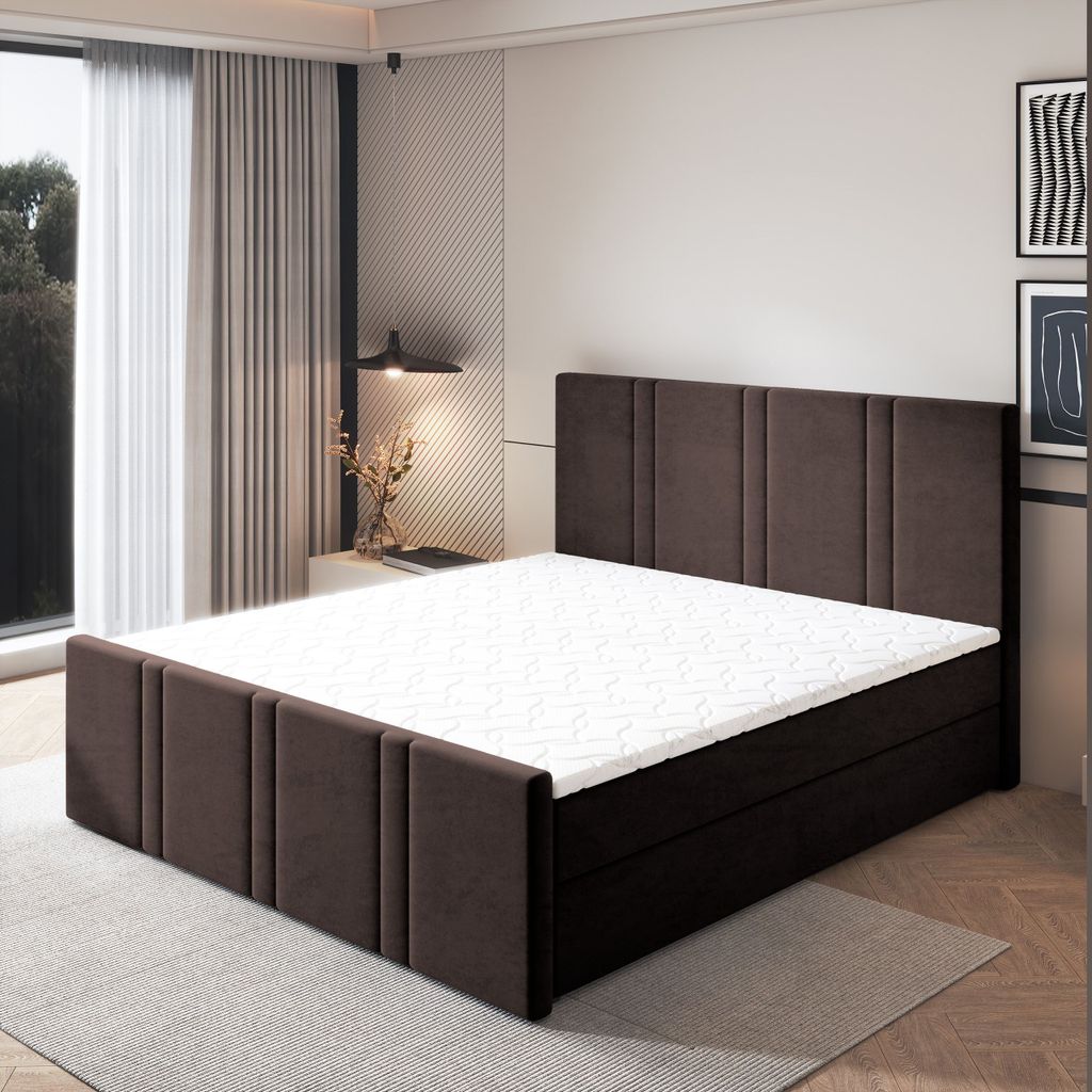 Masseno Boxspringbett COMOZA 180x200 cm Komplett-Set mit Bonell Matratze und Topper, Polsterbett mit Bettkästen -Braun, KRONOS 06
