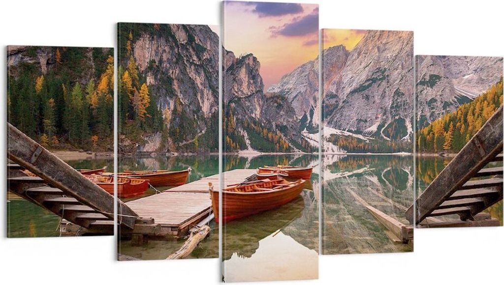 Bild auf Leinwand - Leinwandbild - 5 Teile - Boote Berge Produktbild 