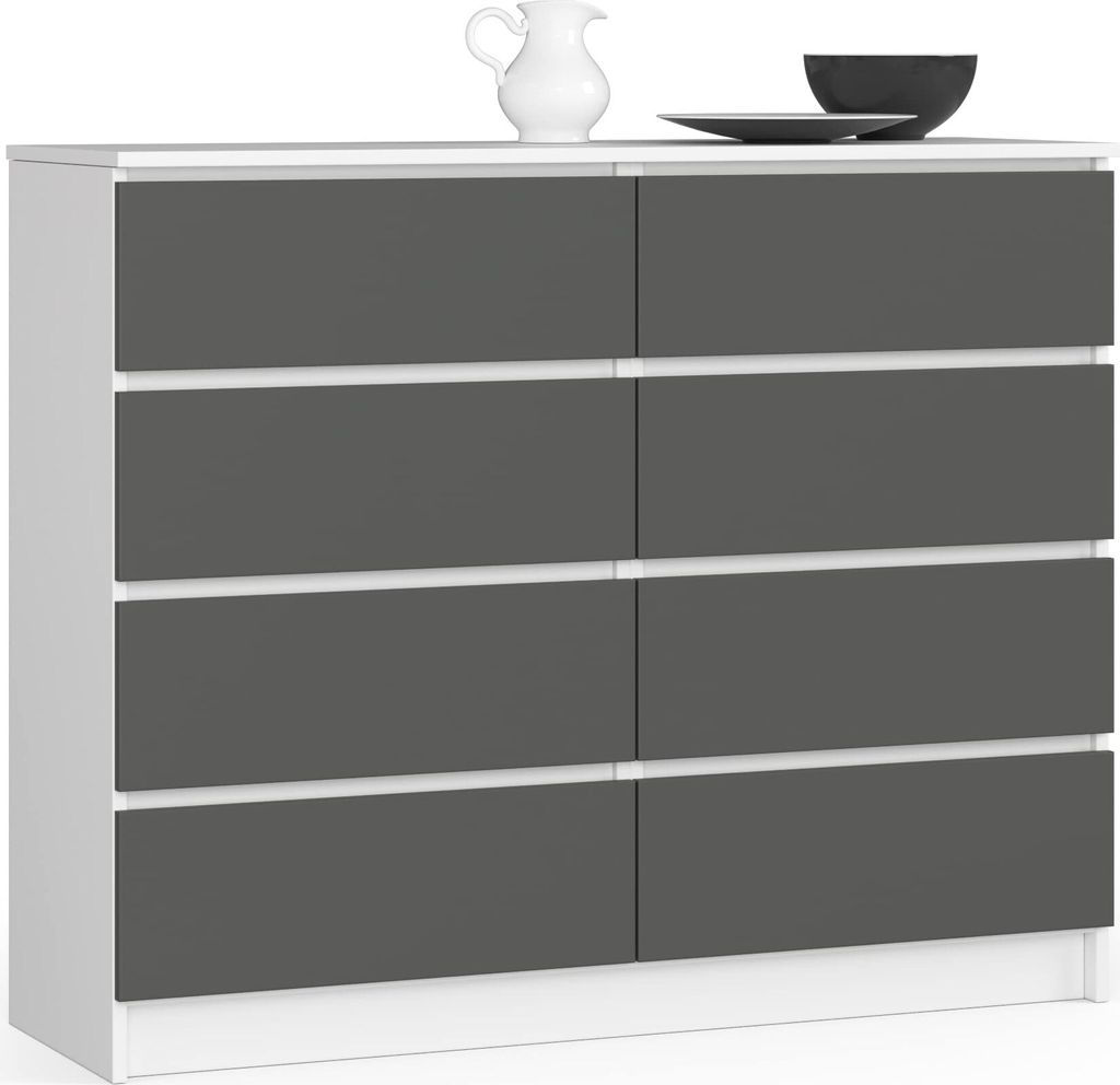 A white and gray dresser with eight drawers is shown against a white background.