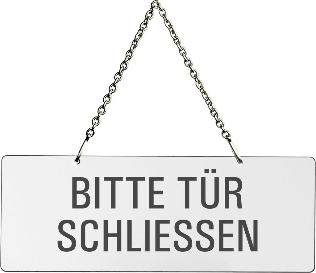 Hängeschild Bitte-Tür-schliessen | Material Melamin weiß | Metallkette | Text einseitig | Format 175x65 mm