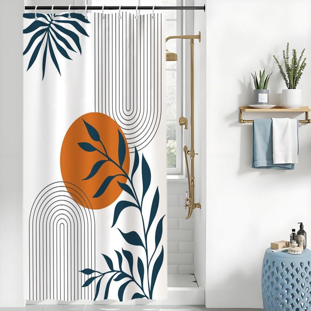 Duschvorhang 120 x 200 cm, abstrakter Duschvorhang im Boho-Stil mit terrakottafarbener Sonne und blauen Blättern, schimmelresistentes Gewebe, wasc...