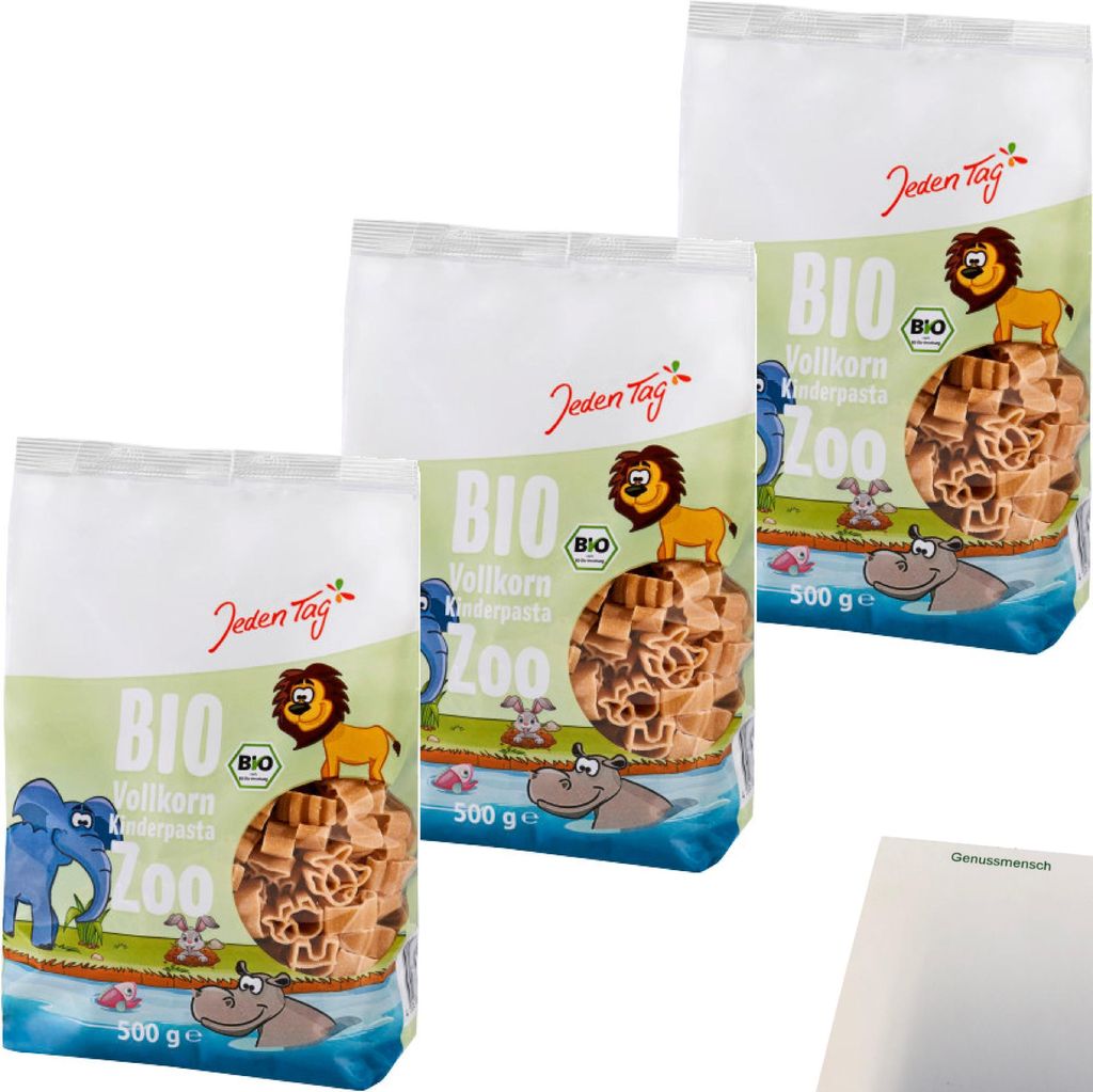 Jeden Tag Vollkorn Kinderpasta Zoo 3er Pack (3x500g Packung) + usy Block