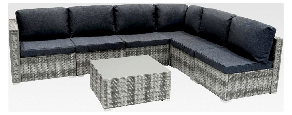 7-teiliges Rattan Gartenmöbel Set in Grau, 5-Sitzer Sofa, Eckstühle mit Kissen, Tisch mit Glasplatte, UV-geschützte, waschbare Bezüge, für den...