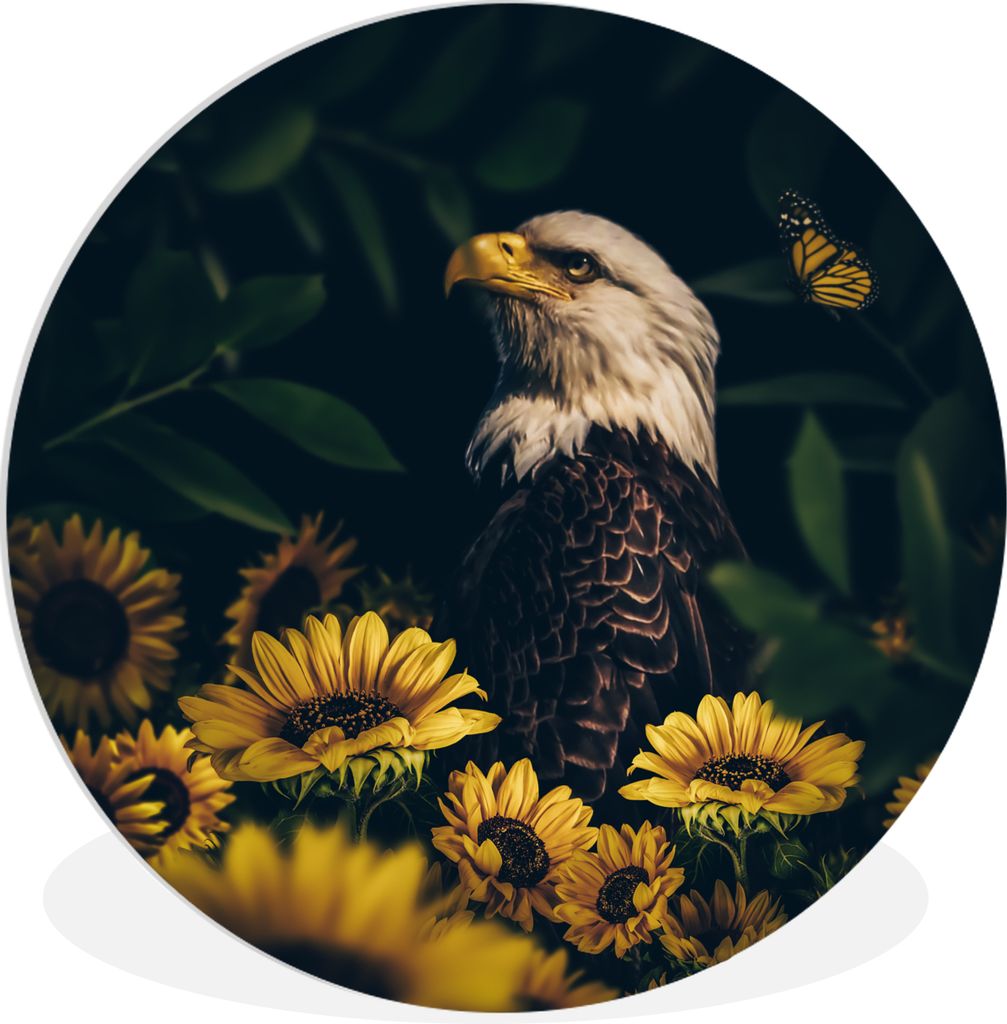 MuchoWow Rundes Wandbild - Runde Bilder Adler - Gelb - Blumen - Botanisch Ø 90 cm Kreis Wanddekoration Kunststoff - Wandkreis - Wandschmuck - Wa...