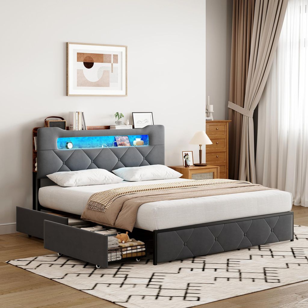 A bedroom scene featuring a bed with storage.