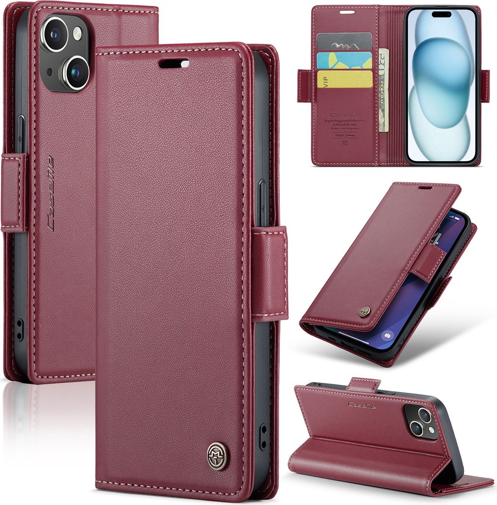 iPhone 15 Plus Hülle, Leder Brieftasche Kartenfach Schutzhülle mit Standfunktion für iPhone 15 Plus Rot