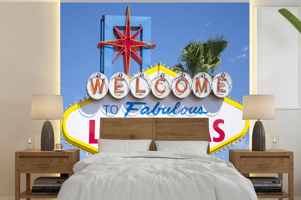 MuchoWow Fototapete für Wohnzimmer oder Schlafzimmer Wandtapete Vinyl Motivtapete Willkommensschild aus Las Vegas - 220x220 cm - Tapeten