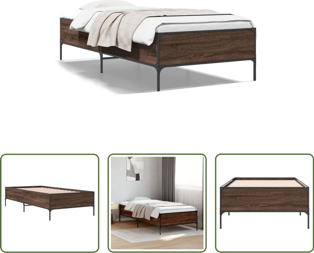 The Living Store Bettgestell Braun Eichen-Optik 100x200 cm Holzwerkstoff Metall