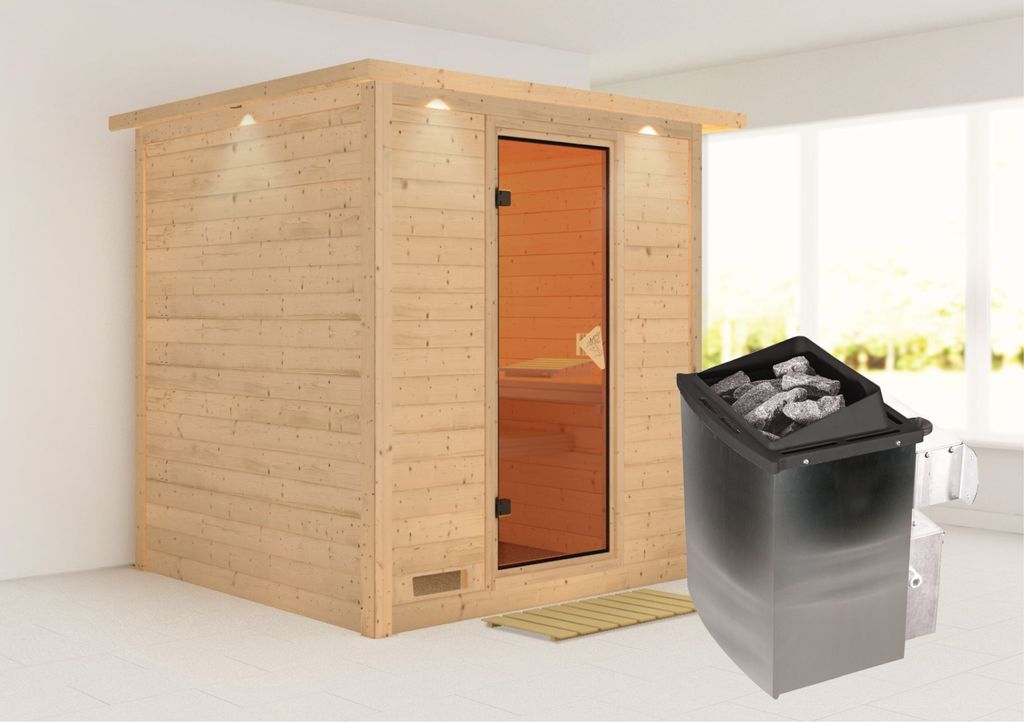 Karibu Sauna Innensauna Mojave Fronteinstieg Ofen 9 kW integr. Strg 224x210x206 cm mit Dachkranz mit Bronzierter Tür