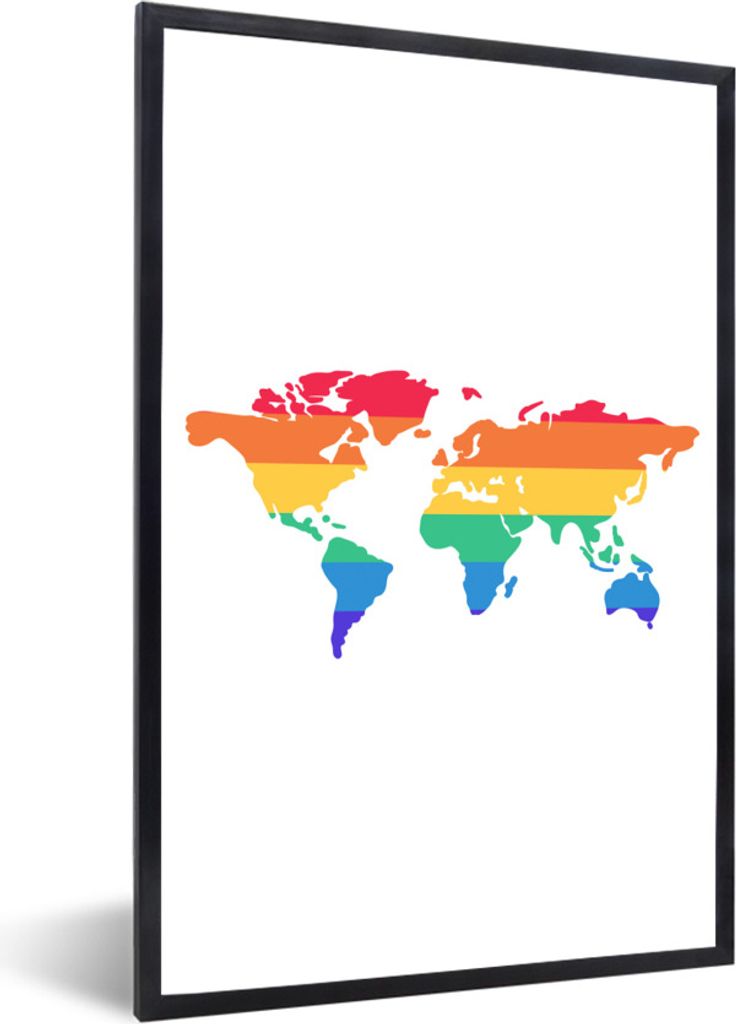 MuchoWow Gerahmtes Poster Karte - Welt - Stolz-Flagge 60x90 cm - Poster mit Schwarzem Bilderrahmen Wandposter Rahmen Foto Bilder - Kunst
