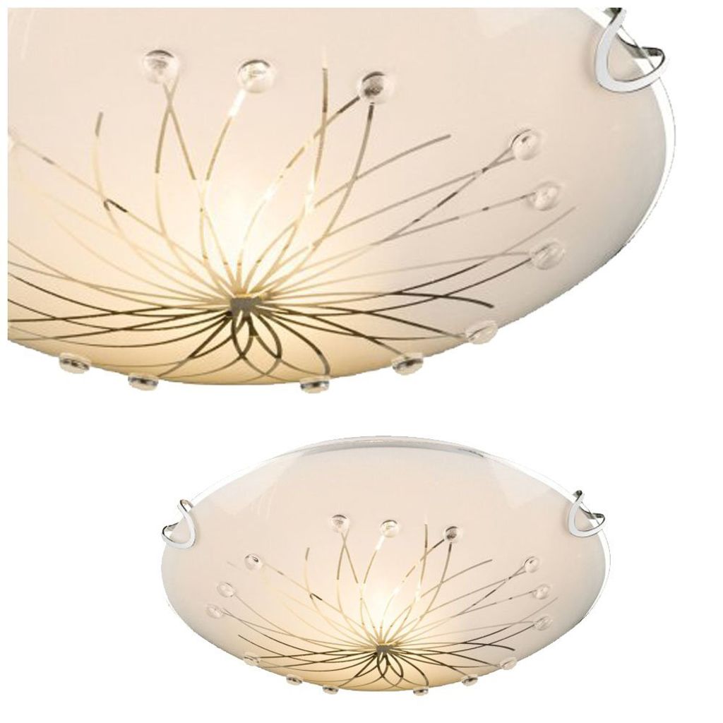 Two views of a white ceiling light with a decorative floral pattern and small crystal accents.