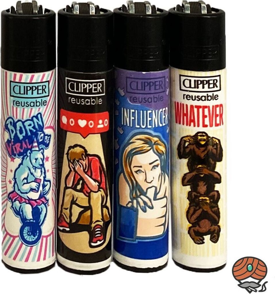 Clipper Reibradfeuerzeuge Social Media, 4 Stück
