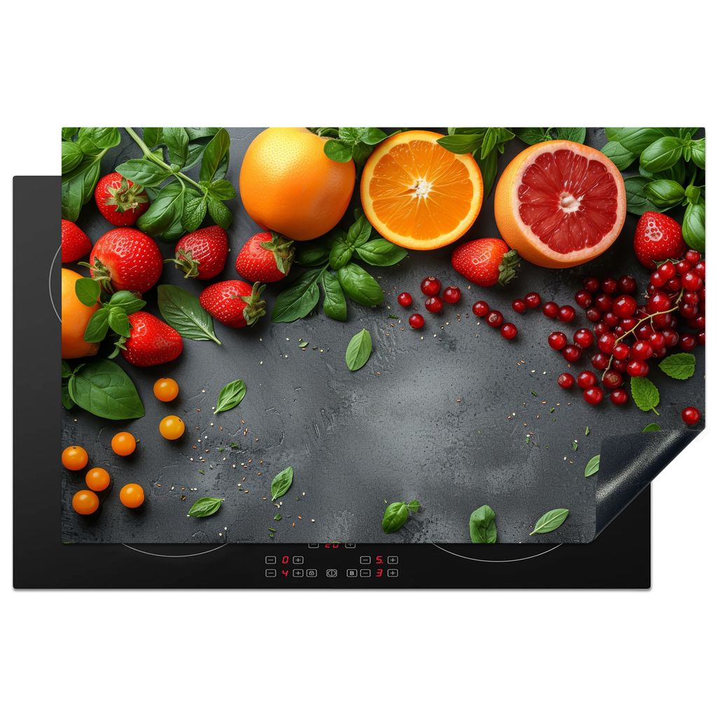 KitchenYeah Herdabdeckplatte Obst - Bunt - Konkret , 80x52cm, Küche Deko, Glaskeramikkochfeld Herdabdeckung, Abdeckplatte fùr Kochfeld