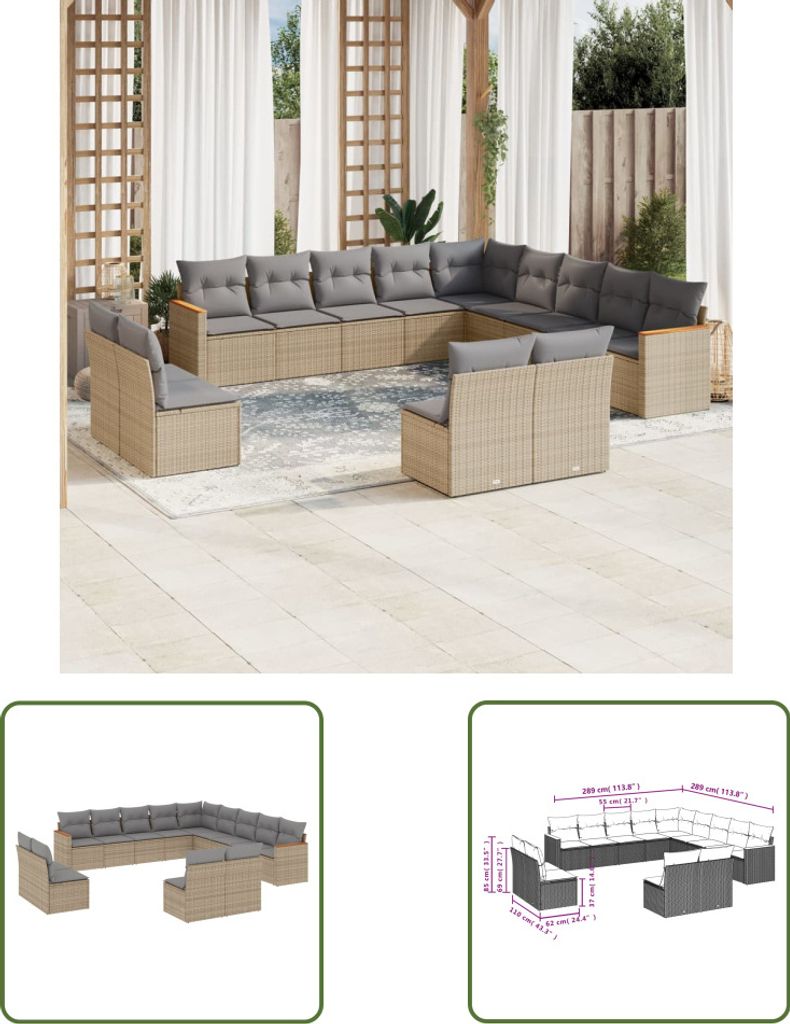 The Living Store 13-tlg. Garten-Sofagarnitur mit Kissen Beige Poly Rattan