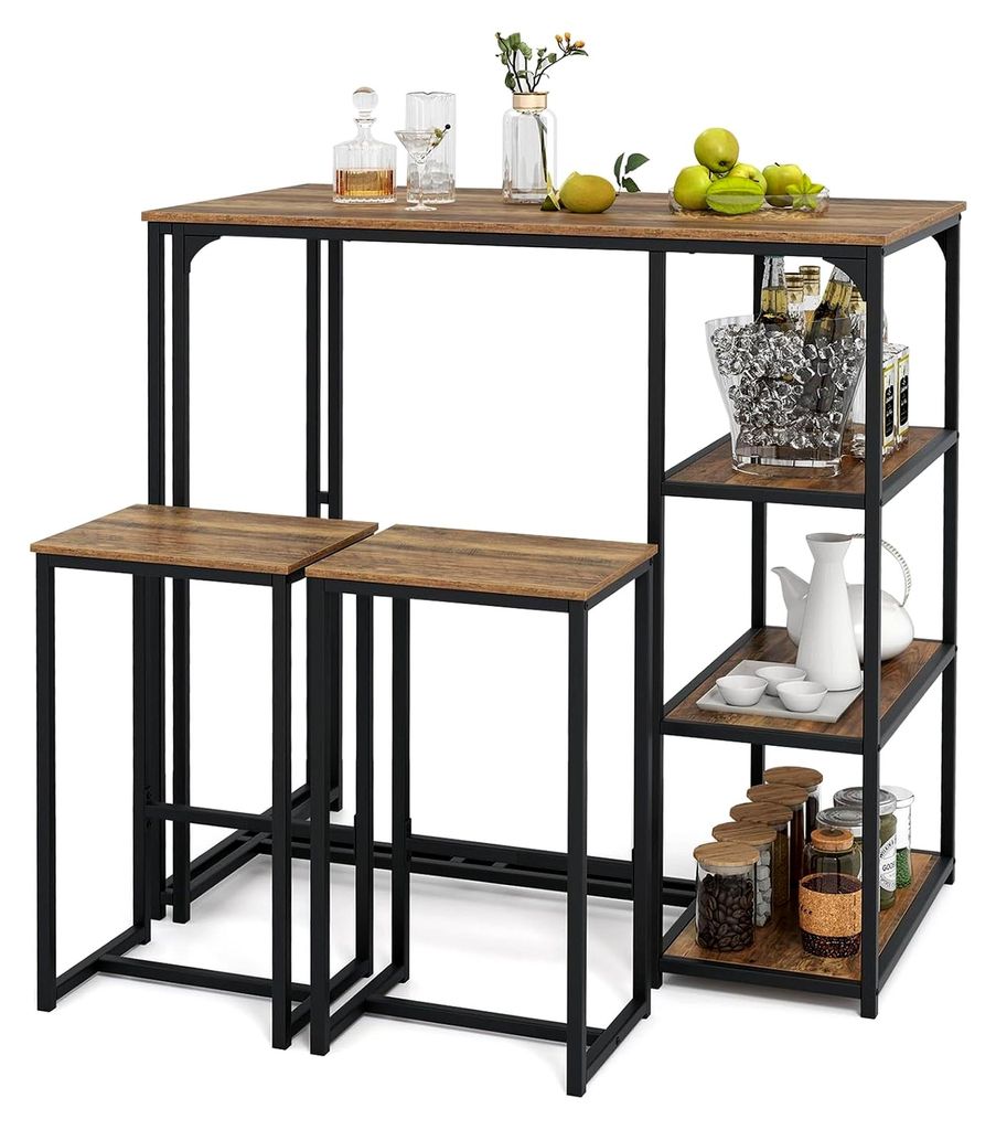 Bartisch mit Barhocker Set für 2 Personen, Küchentheke mit 3 Ablagefächern, Vintage-Design, Metallrahmen, Tisch und Stühle für Küche, Wohnzim...