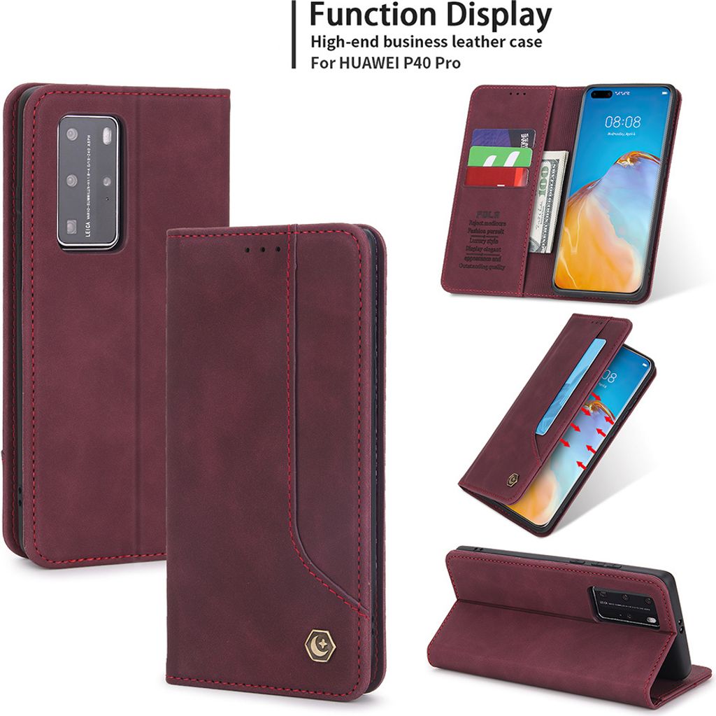 Huawei P40 Pro Hülle, LaimTop Retro Kunstledertasche Schutzhülle mit Kartenfach Standfunktion für Huawei P40 Pro Rot