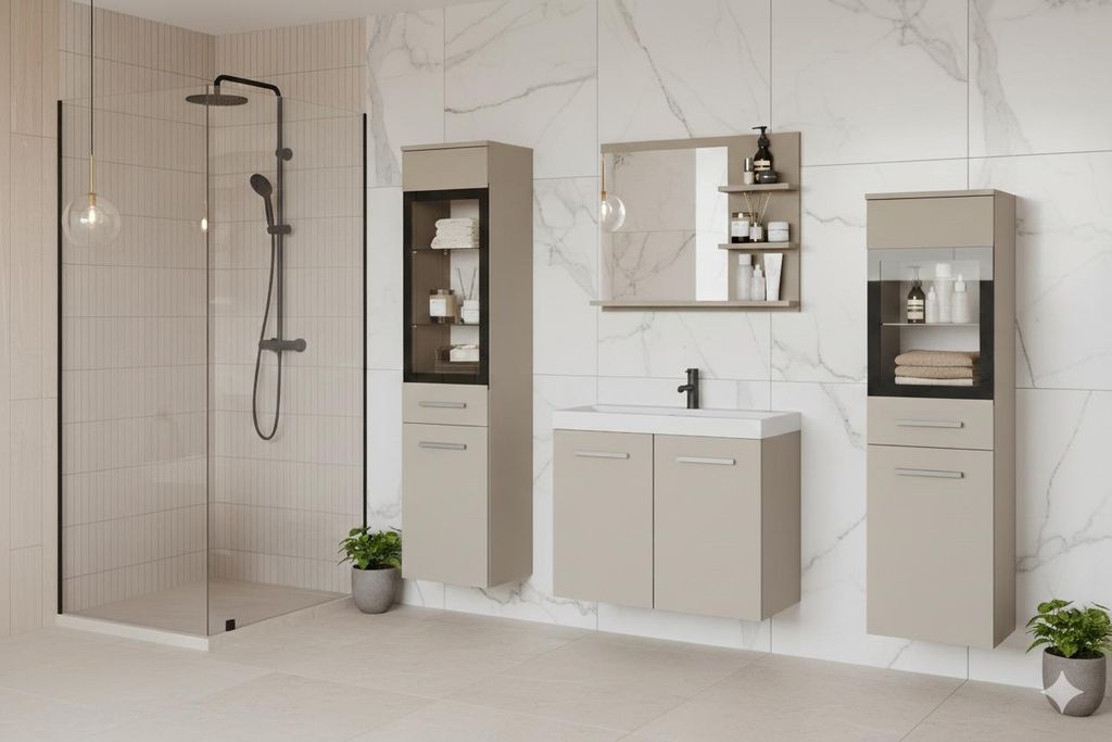 MINIO go for it, Badezimmermöbel Set "MARIT I", Badezimmer, mit Waschbecken, mit LED-Beleuchtung, Beige Kaschmir Farbe