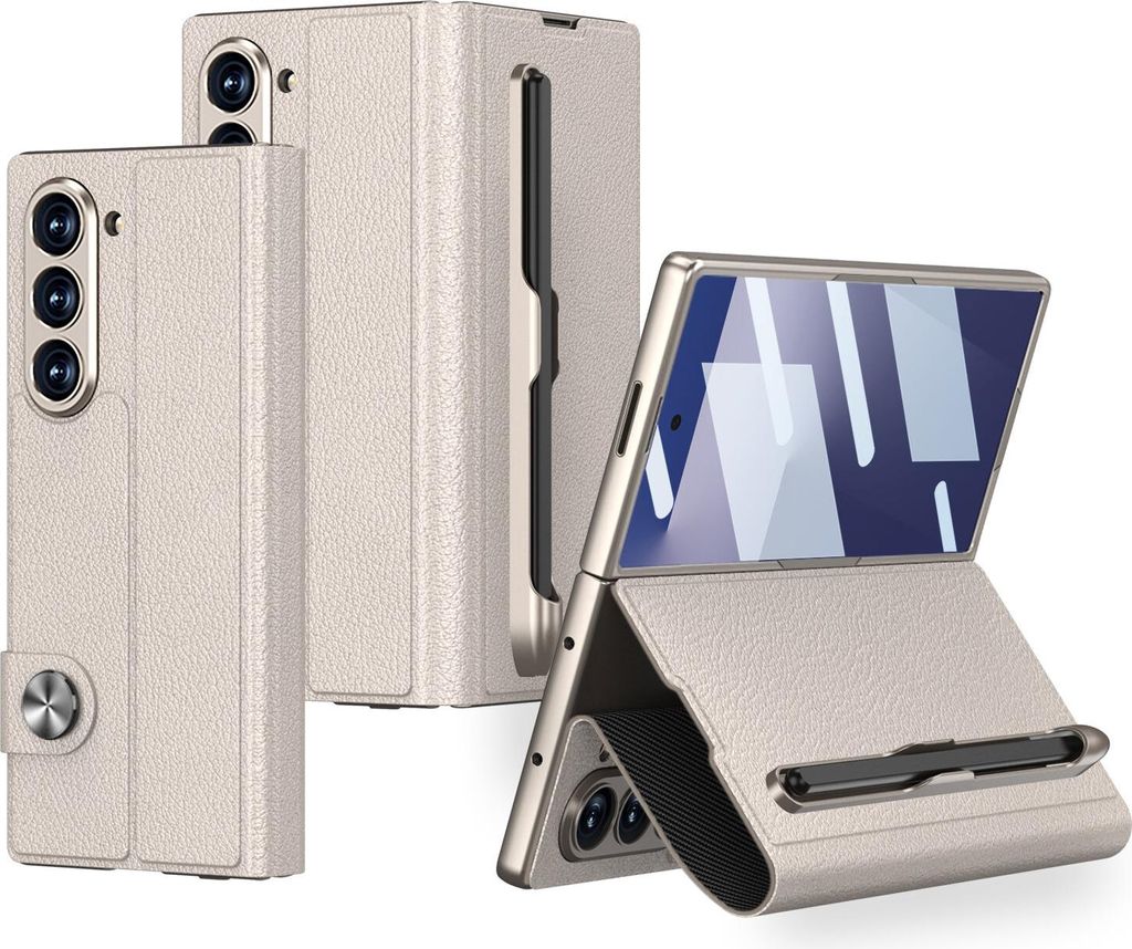 Handyhülle für Samsung Galaxy Z Fold 7 Hülle mit Displayschutz, Leder Klapphülle mit Kartenhalter und Stander, Stifthalter Beige